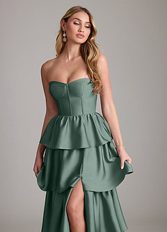 Azazie Faye Bridesmaid Dresses Sea Moss A-Line Ruched Stretch Satin Dress image5