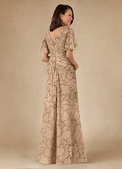 Azazie Emmeline Mother of the Bride Dresses Champagne A-Line Pleated Floral Burnout Dress image2