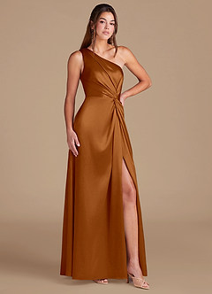 Azazie Brooke Bridesmaid Dresses Copper A-Line One Shoulder Metallic Satin Dress image3