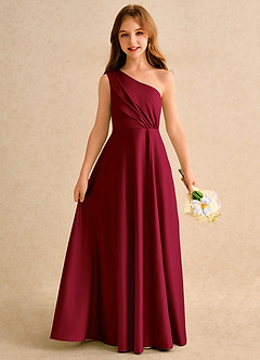 Azazie Puddles Girls Formal vestidos de niña de las flores Vestido de Borgoña de Satin Mate de Corte en A con Hombro unilateral image1