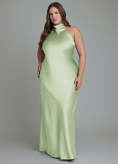 Azazie Velli Bridesmaid Dresses Dusty Sage Sheath High Neck Metallic Satin Dress image1