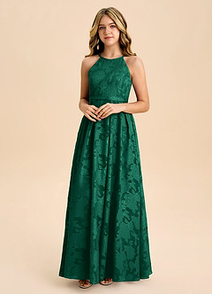 Azazie Arianthe Junior Emerald A-Line Pleated Floral Burnout Dress image3