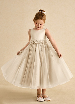 Azazie Lux Flower Girl Dresses Champagne A-Line Beaded Tulle Dress image3