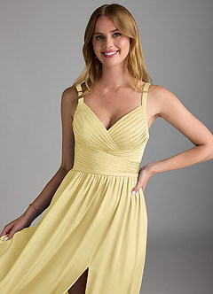 Azazie Chanel Bridesmaid Dresses Lemon Sorbet A-Line Pleated Stretch Satin Dress image3