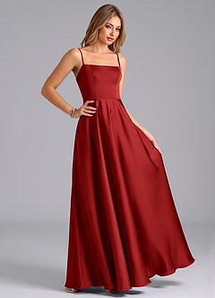 Azazie Elita Bridesmaid Dresses Pomegranate A-Line Pleated Stretch Satin Dress image3