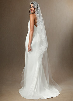 front Embroidered Floral Lace Hem Chapel Length Draped Blusher Veil
