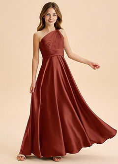 Azazie Charlize Junior Abito A-Line in Raso Elasticizzato Plissettato Terracotta image5