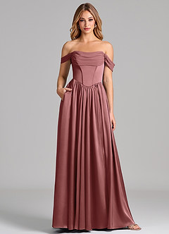 Azazie Raisa Abiti da Damigella Abito A-Line in Raso Elasticizzato a Spalla Scoperta Ametista image1