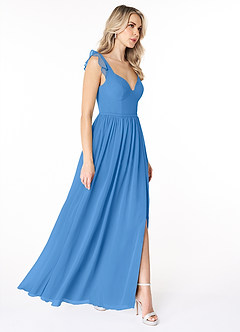 Azazie Stassie Robes de demoiselle d'honneur Robe Trapèze en Mousseline de soie Décolleté froncé Geai Bleu image4