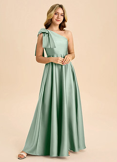 Azazie Penguin Junior Agave A-Line Bow Stretch Satin Dress image4