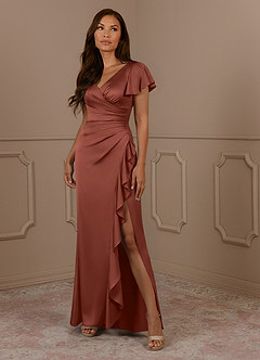 Azazie Roya Mother of the Bride Dresses Auburn Mermaid V-Neck Pleated Stretch Satin Dress image1