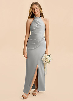 Azazie Jemma Junior Silver Sheath Ruched Stretch Satin Dress image4