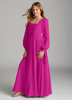 Azazie Leonia Junior Fuchsia A-Line with Pockets Chiffon Dress image4