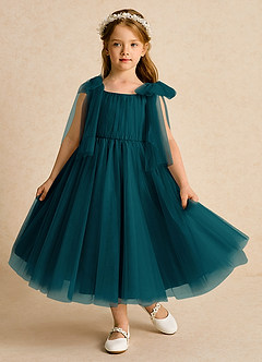 Azazie Dori Robe Demoiselle D'honneur Fillette Robe Trapèze en Tulle Rayé Vert Pin image2