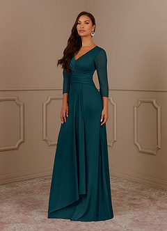 Azazie Annetta Mother of the Bride Dresses Pine A-Line V-Neck Pleated Mesh Dress image2