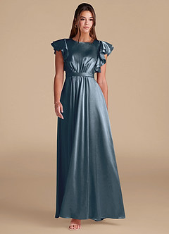 Azazie Daphne Modest Bridesmaid Dresses A-Line Ruched Metallic Satin Floor-Length Dress image3
