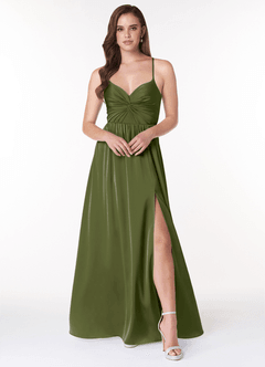 Azazie Raya Bridesmaid Dresses Olive A-Line V-Neck Pleated Stretch Satin Dress image1