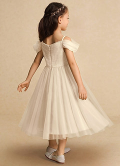 Azazie Lizzette Flower Girl Dresses Champagne A-Line Ruched Tulle Dress image2