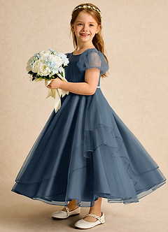 Azazie Duckie Abiti da Ragazza di Fiori Abito Principessa in Tulle Plissettato Blu Nettuno image4