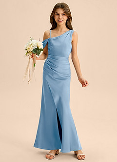 Azazie Madelyn Junior Osłona Zza ramienia Satyna elastyczna Długość podłogi Młodsza druhna Sukienka image1