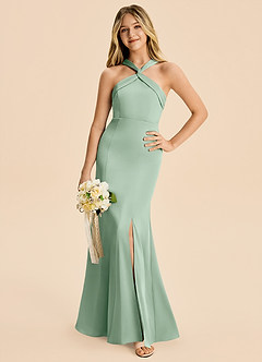 Azazie Rue Junior Agave Mermaid Pleated Stretch Satin Dress image1