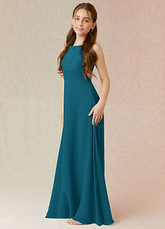 Azazie Snow Junior Linia A Koronka Szyfon Długość podłogi Młodsza druhna Sukienka image3