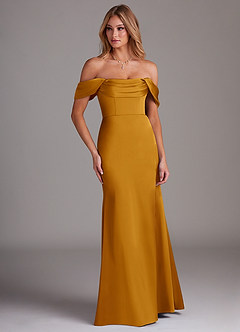Azazie Saige Brautjungfernkleider Etui Schulterfrei Stretch-Satin Kleid Butterscotch image4