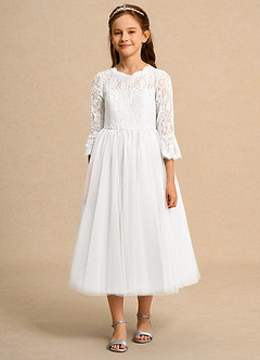 Azazie Lamb Girl Jurken voor bloemenmeisjes Baljurk Jurk van Kant Ivoor image4