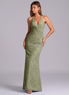 Azazie Valerie Final Sale Pistachio Mermaid Pleated Floral Burnout Dress image4