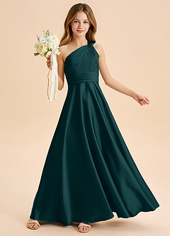 Azazie Charlize Junior Pine A-Line Pleated Stretch Satin Dress image1