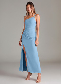 Azazie Eren Robes de demoiselle d'honneur Robe Sirène en Mousseline de soie Une épaule Acier Bleuté image1