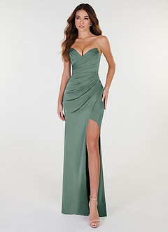 Azazie Yola Vestidos de damas de honor Vestido de Eucalipto de Satén Elástico de Corte Recto Convertible con Cuello en V Plisado image1