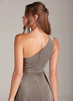Azazie Brooke Bridesmaid Dresses Silver Taupe A-Line One Shoulder Velvet Dress image2
