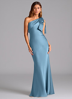 Azazie Yuanna Vestidos de damas de honor Vestido de Azul Acero de Satén Elástico de Corte Sirena con Hombro unilateral image1