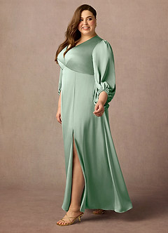 Azazie Luna Mother of the Bride Dresses Agave A-Line Pleated Stretch Satin Dress image3