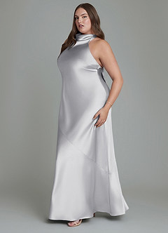 Azazie Velli Bridesmaid Dresses Silver Sheath High Neck Metallic Satin Dress image13