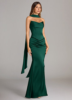 Azazie Sorrel Robes de demoiselle d'honneur Robe Sirène Convertible en Satin extensible Sans bretelle émeraude image3