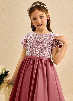 Azazie Cashew Flower Girl Dresses Antique Rose Ball-Gown with Sleeves Matte Satin Dress image6
