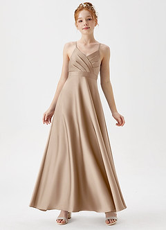 Azazie Avelina Junior Abito A-Line in Raso Elasticizzato Plissettato Taupe image1