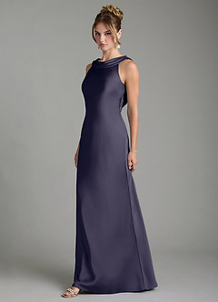 Azazie Aussie Robes de demoiselle d'honneur Robe Fourreau en Satin extensible Plissée Bleu Orageux image4