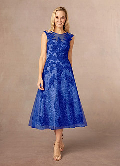 Azazie Flynn Abiti per la Madre della Sposa Abito A-Line in Tulle in Pizzo con Scollo a Barca Blu Reale image1