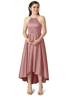 Azazie Jemima Junior Dusty Rose A-Line with Pockets Stretch Satin Dress image4