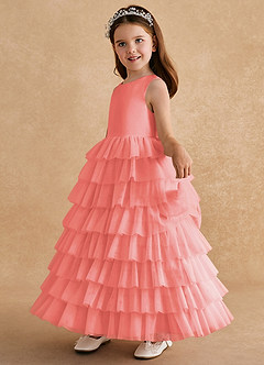 Azazie Twinkle Toes vestidos de niña de las flores Vestido de Coral de Tul de Corte En A con Lazo image4