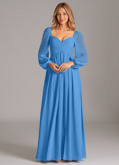 Azazie Bailee Vestidos de damas de honor Vestido de Azul Grisaceo de Gasa de Corte en A con Manga larga image6