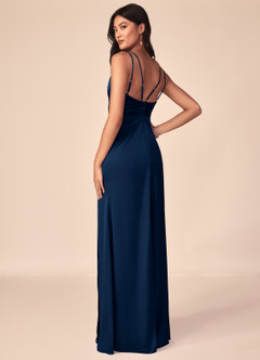 Azazie Aqua Bridesmaid Dresses Dark Navy A-Line V-Neck Pleated Stretch Satin Dress image5