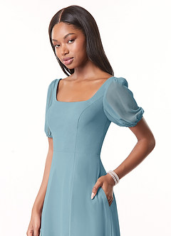 Azazie Alani Bridesmaid Dresses Moody Blue A-Line Square Neckline Chiffon Dress image4