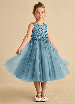 Azazie Lana Blumenmädchenkleider A-Linie ärmellos Matte Satin Kleid Stimmungsvolles Blau image5