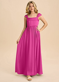 Azazie Hattie Junior Abito A-Line in Raso Elasticizzato Plissettato Fucsia image5