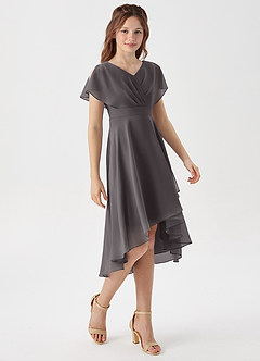 Azazie Graciela Junior Steel Grey A-Line Pleated Chiffon Dress image5
