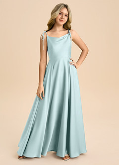 Azazie Popsy Junior Sea Glass A-Line Bow Stretch Satin Dress image8
